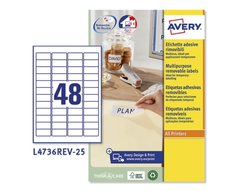 Etiqueta adhesiva Avery blanca removible para laser inkjet fotocopiadora 45,7x 21,2 mm L4736REV25, imagen 2 mini