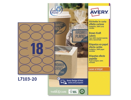 Etiqueta adhesiva Avery kraft efecto carton ovalada 63,5x42,3 mm removible laser ink-jet L7103-20, imagen 2 mini