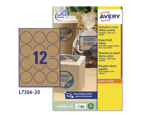 Etiqueta adhesiva Avery kraft efecto carton redonda 60 mm removible para laser L7106-20, imagen 2 mini