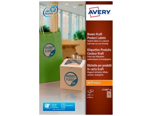 Etiqueta adhesiva Avery kraft efecto carton redonda 60 mm removible para laser L7106-20, imagen 5 mini