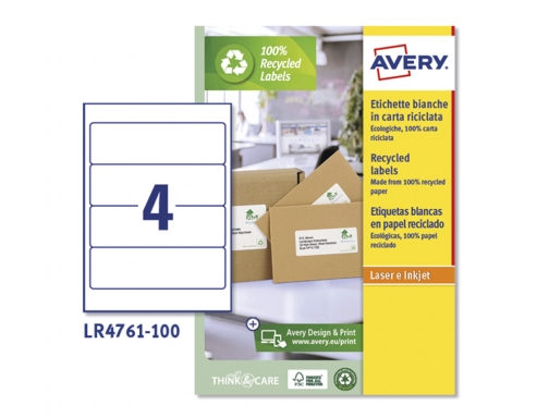 Etiqueta adhesiva Avery papel blanco reciclado para archivador 192x61 mm laser pack LR4761-100, imagen 2 mini