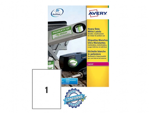 Etiqueta adhesiva resistente Avery poliester blanca 210x297 mm laser pack de 20 L4775-20, imagen 2 mini