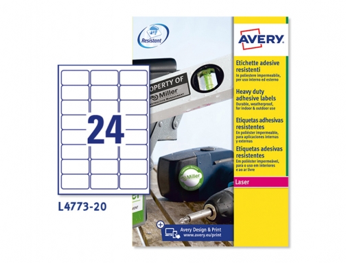 Etiqueta adhesiva resistente Avery poliester blanco 3,9 mm 63,5x33,9 mm laser pack L4773-20, imagen 2 mini