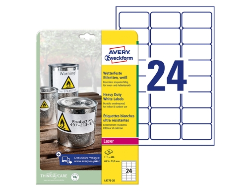 Etiqueta adhesiva resistente Avery poliester blanco 3,9 mm 63,5x33,9 mm laser pack L4773-20, imagen 3 mini