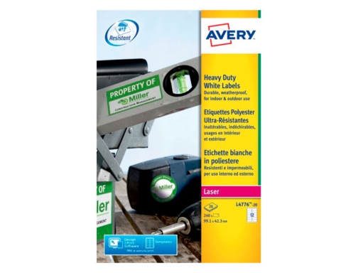 Etiqueta adhesiva resistente Avery poliester blanco laser 99,1x42,3 mm caja de 240 L4776-20, imagen 2 mini