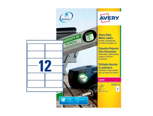 Etiqueta adhesiva resistente Avery poliester blanco laser 99,1x42,3 mm caja de 240 L4776-20, imagen 5 mini