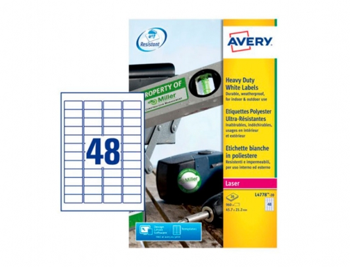 Etiqueta adhesiva resistente Avery poliester blanco laser 45,7x21,2 mm caja de 960 L4778-20, imagen 5 mini