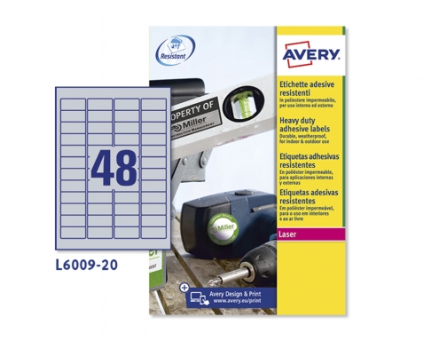 Etiqueta adhesiva resistente Avery poliester plata 1,2 mm 45,7x21,2 mm laser pack L6009-20, imagen 2 mini