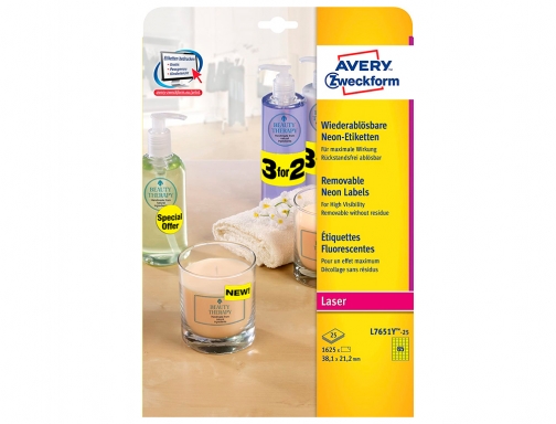 Etiqueta adhesiva Avery tamao 38,1x21,2 mm removible amarillo fluorescente caja de 1625 L7651Y-25, imagen 2 mini