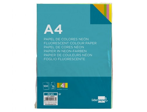 Papel color Liderpapel A4 75gr neon 4 colores surtidos paquete de 100 44573, imagen 3 mini