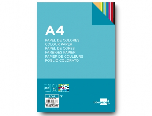 Papel color Liderpapel A4 80gr 25 colores surtidos paquete de 100 hojas 50332, imagen 3 mini