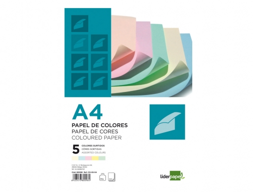 Papel color Liderpapel A4 80gr 5 colores surtidos paquete de 500 hojas 80098, imagen 2 mini