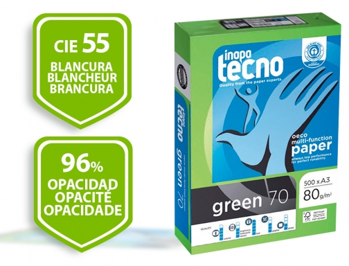 Papel reciclado Din A4 Tecno Green, 80 gramos, 500 hojas, Inapa 248001, económico, imagen 2 mini