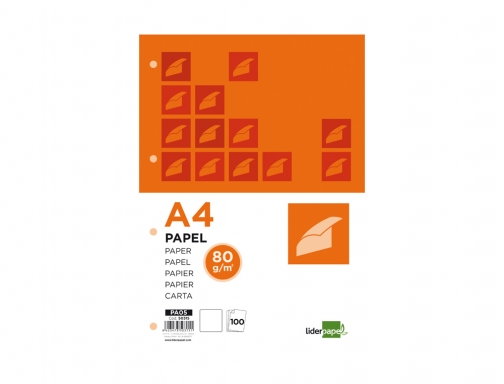 Papel Liderpapel A4 80g m2 liso 4 taladros paquete de 100 hojas 50315 , blanco, imagen 2 mini