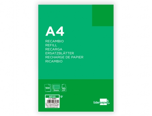 Recambio Liderpapel A4 100 hojas 60g m2 cuadro 3 mm con margen 08260, imagen 2 mini