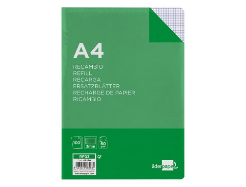 Recambio Liderpapel A4 100 hojas 60g m2 cuadro 3 mm con margen 08260, imagen 3 mini