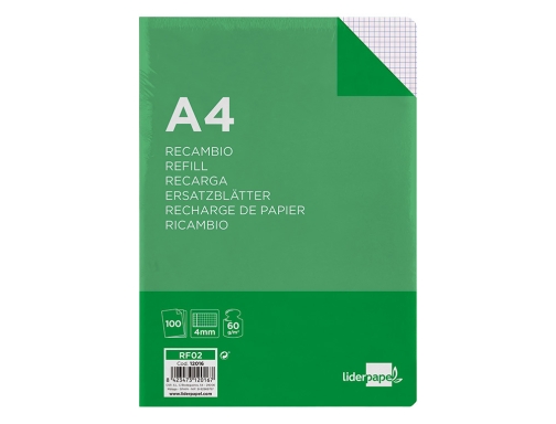 Recambio Liderpapel A4 100 hojas 60g m2 cuadro 4mm con margen sin 12016, imagen 3 mini