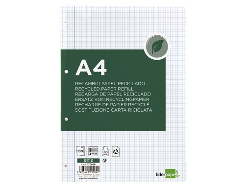 Recambio Liderpapel A4 100 hojas papel reciclado 100% 80g m2 cuadro 4mm 170688, imagen 3 mini