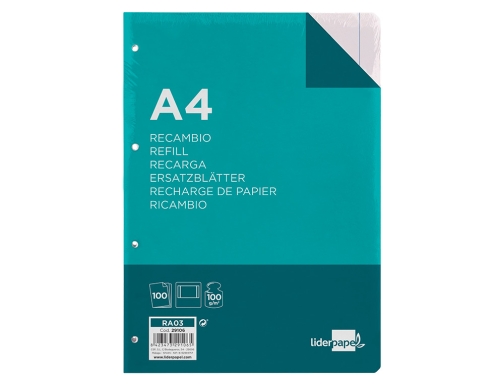 Recambio Liderpapel A4 100 hojas 100g m2 liso con margen 4 taladros 29106, imagen 3 mini