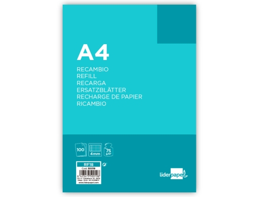 Recambio Liderpapel A4 100 hojas 75g m2 cuadro 4mm con margen 4 50019, imagen 2 mini