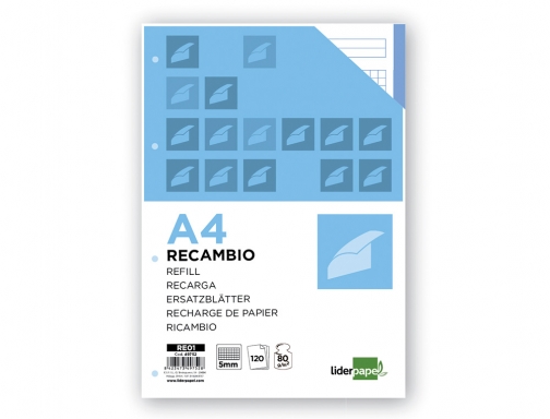 Recambio Liderpapel A4 120 hojas 80g m2 cuadro 5mm sin margen 4 49752, imagen 2 mini