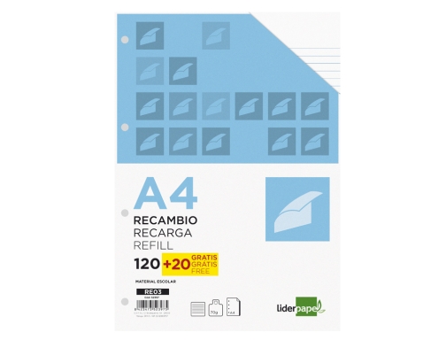 Recambio Liderpapel A4 120 hojas 70g m2 horizontal sin margen 4 taladros 52397, imagen 2 mini