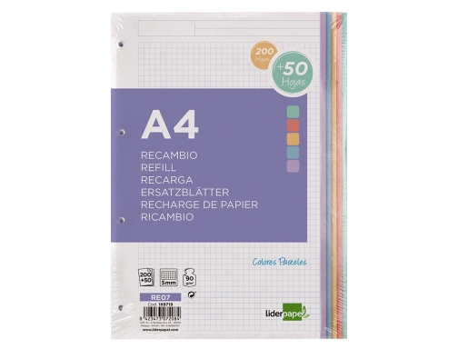 Recambio Liderpapel A4 200+50 hojas 90g m2 cuadro 5 mm 4 taladros 169719, imagen 3 mini