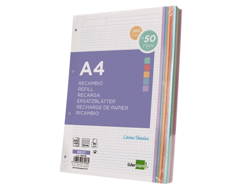 Recambio Liderpapel A4 200+50 hojas 90g m2 cuadro 5 mm 4 taladros 169719, imagen 4 mini