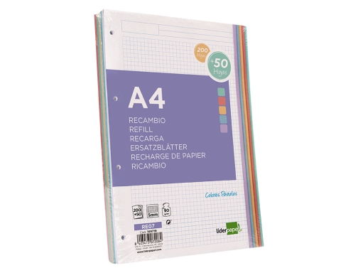 Recambio Liderpapel A4 200+50 hojas 90g m2 cuadro 5 mm 4 taladros 169719, imagen 5 mini