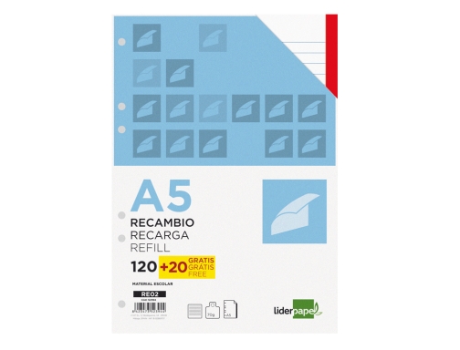 Recambio Liderpapel A5 120 hojas 80g m2 horizontal sin margen 6 taladros 52394, imagen 2 mini