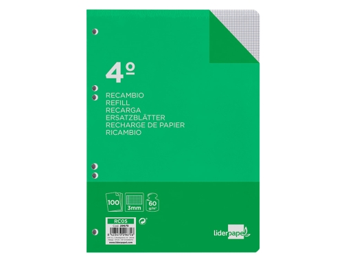 Recambio Liderpapel cuarto 100 hojas 60g m2 cuadro 3mm con margen 6 29675, imagen 3 mini