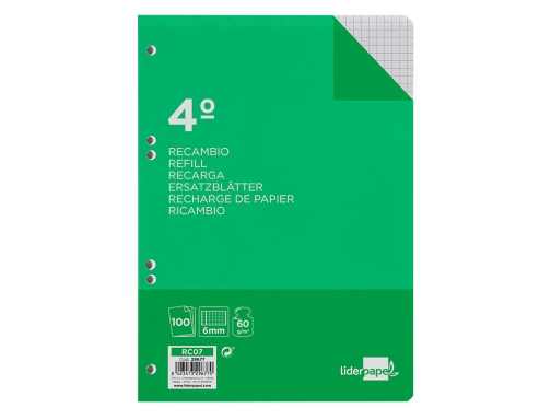 Recambio Liderpapel cuarto 100 hojas 60g m2 cuadro 6mm con margen 6 29677, imagen 3 mini