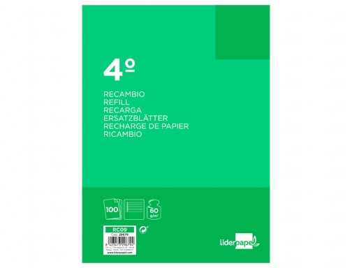 Recambio Liderpapel cuarto 100 hojas 60g m2 horizontal con margen 6 taladros 29679, imagen 2 mini