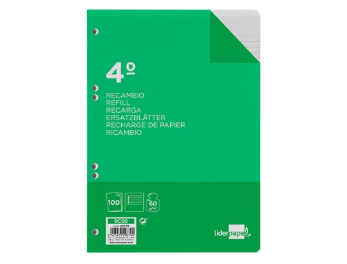 Recambio Liderpapel cuarto 100 hojas 60g m2 horizontal con margen 6 taladros 29679, imagen 3 mini