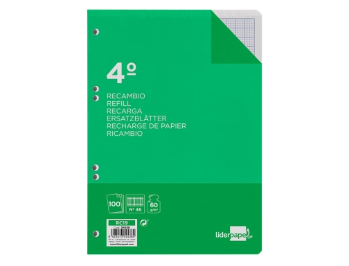 Recambio Liderpapel cuarto 100 hojas 60g m2 rayado n 46 6 taladros 54538, imagen 3 mini