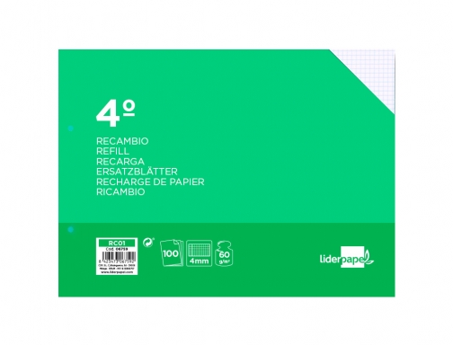 Recambio Liderpapel cuarto apaisado 100 h 2tca-01 cuadro 4 mm 2 taladros 06759, imagen 2 mini