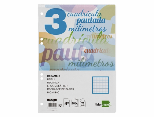 Recambio Liderpapel cuarto pautaguia 100 hojas 75 g cuadriculado pautado 3 mm 54535, imagen 3 mini