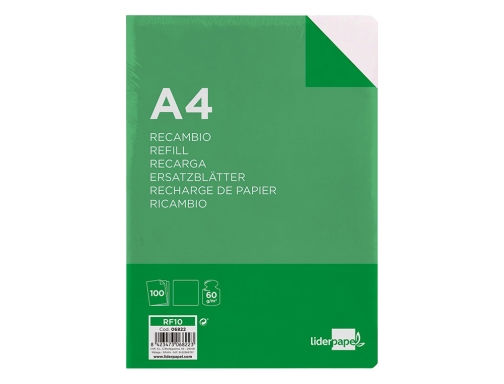 Recambio Liderpapel A4 100 hojas 60g m2 liso sin margen 4 taladros 06822, imagen 3 mini