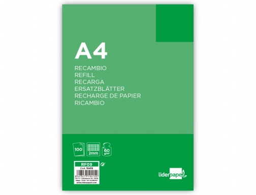 Recambio Liderpapel A4 100 hojas 60g m2 milimetrado sin margen 4 taladros 10415, imagen 2 mini