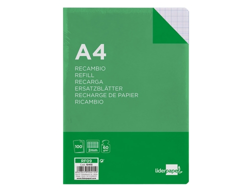 Recambio Liderpapel A4 100 hojas 60g m2 milimetrado sin margen 4 taladros 10415, imagen 3 mini