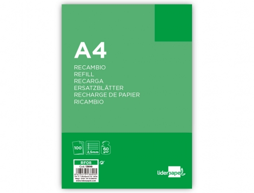 Recambio Liderpapel A4 100 hojas 60g m2 pauta 5 2.5mm con margen 13899, imagen 2 mini