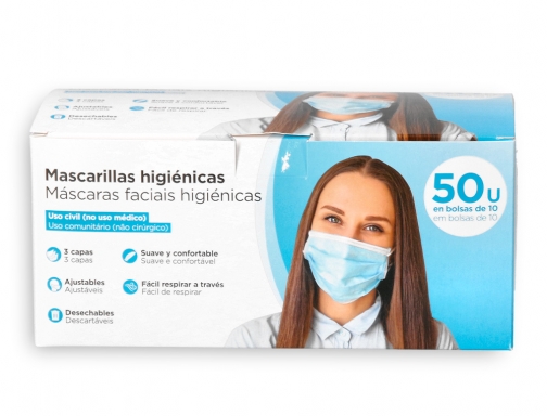 Mascarilla facial higienica desechable 3 capas con ajuste nasal filtracion 95% color Covid HIG AZUL, imagen 2 mini
