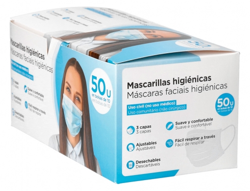 Mascarilla facial higienica desechable 3 capas con ajuste nasal filtracion 95% color Covid HIG AZUL, imagen 3 mini