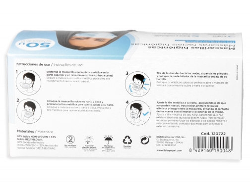 Mascarilla facial higienica desechable 3 capas con ajuste nasal filtracion 95% color Covid HIG AZUL, imagen 4 mini