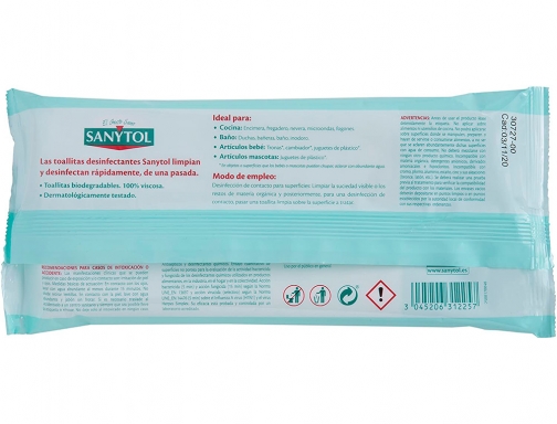 Toallita desinfectante Sanytol biodegradable paquete de 30 unidades 83613, imagen 3 mini